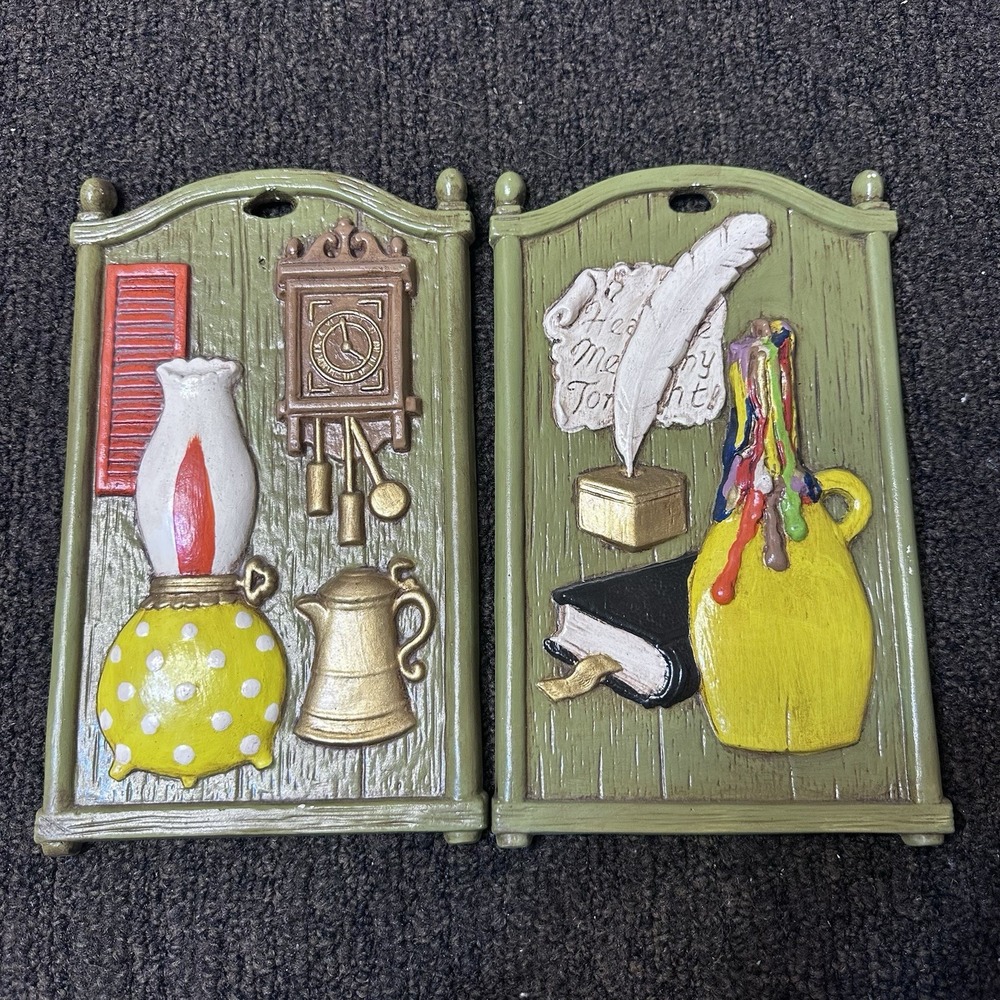 MCM Vintage Plaster Hand‎ painted Kitchen Wall Plaque Set of 2